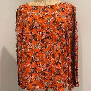 Jason Wu Foil Floral Print Woven Blouse Lace Trim Size S Orange/Red Long sleeve